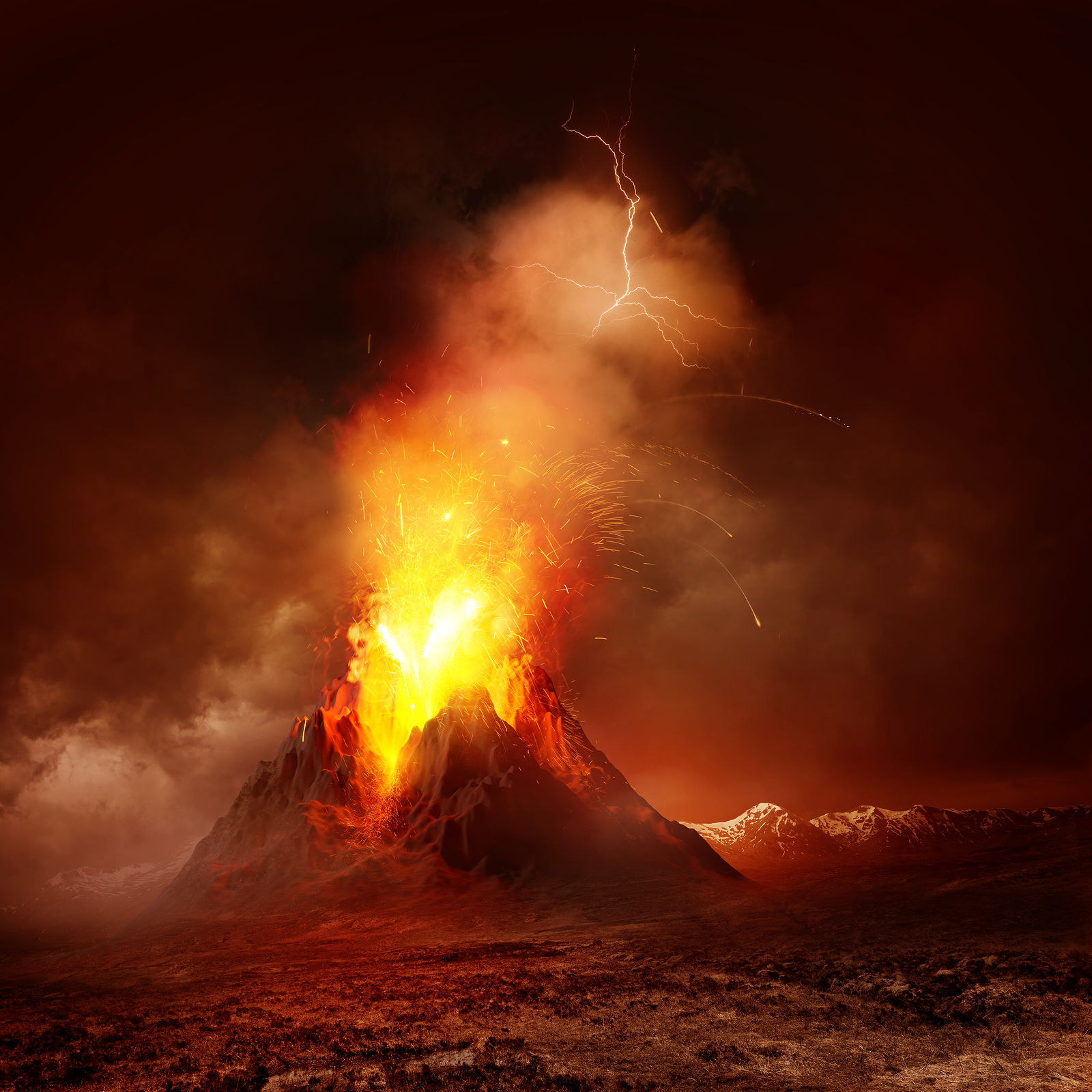 Volcano Eruption. A large volcano erupting hot lava and gases into the atmosphere. Illustration.